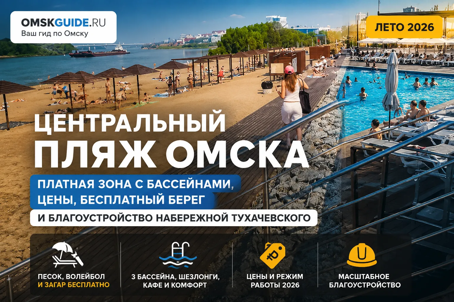 Центральный пляж Омска 2026: платная зона с бассейнами, цены, бесплатный берег и благоустройство набережной Тухачевского